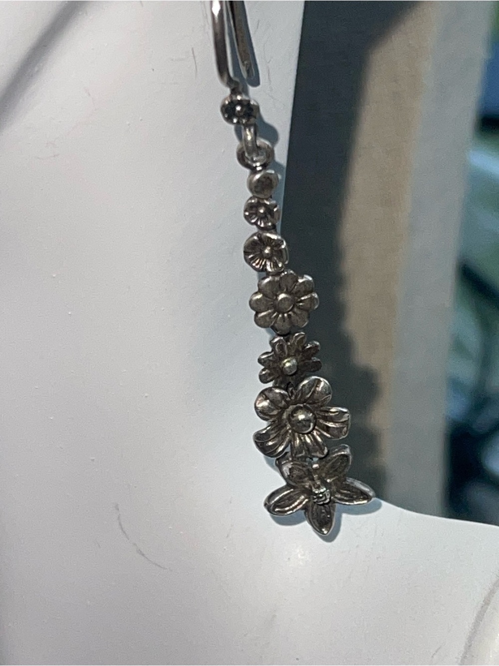 Silver Floral Drop Earrings - Dainty Flower Dangle Earrings - Picture 3 of 7